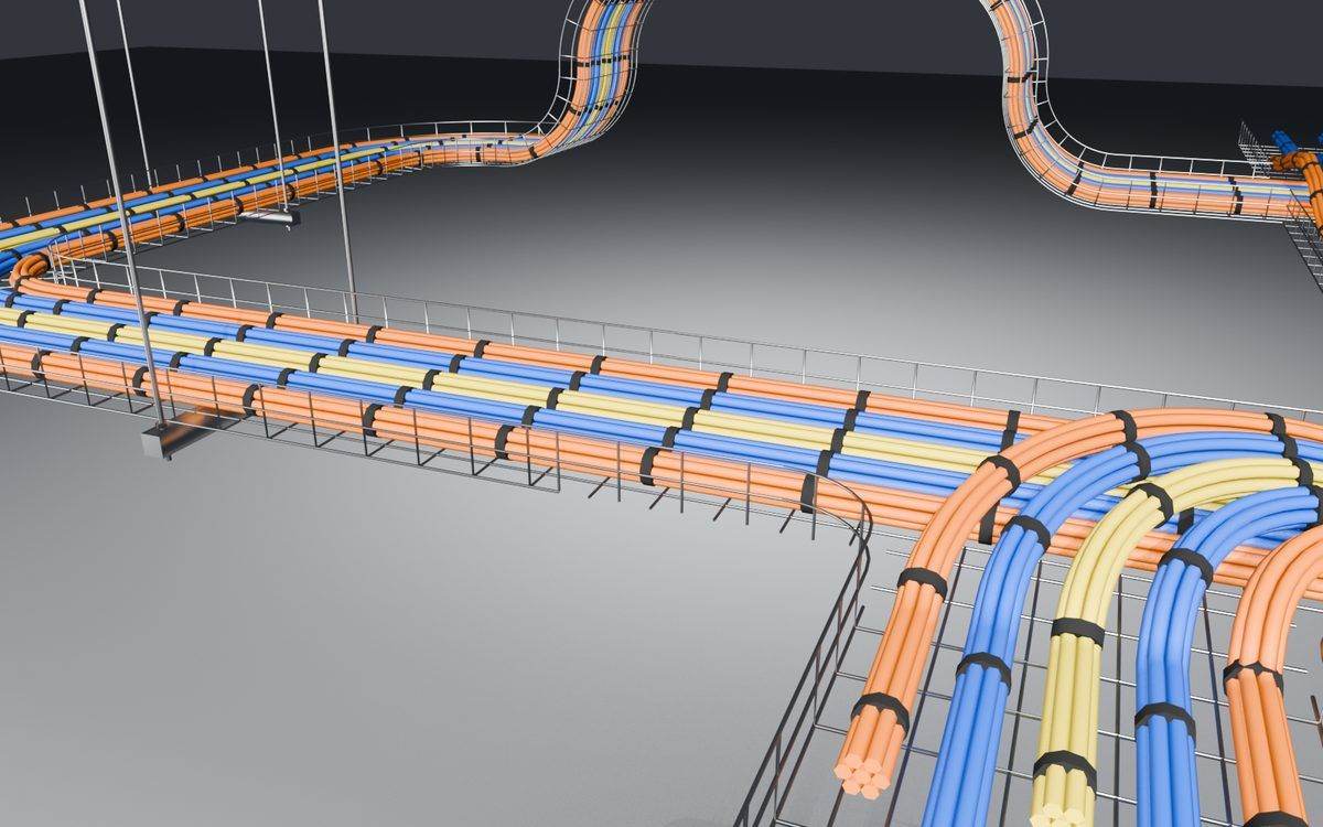Early mockup of a cable tray tee joint with cable bundles