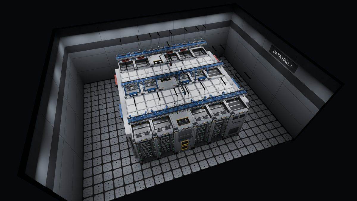 Overhead view of the finished data center hall with two aisles