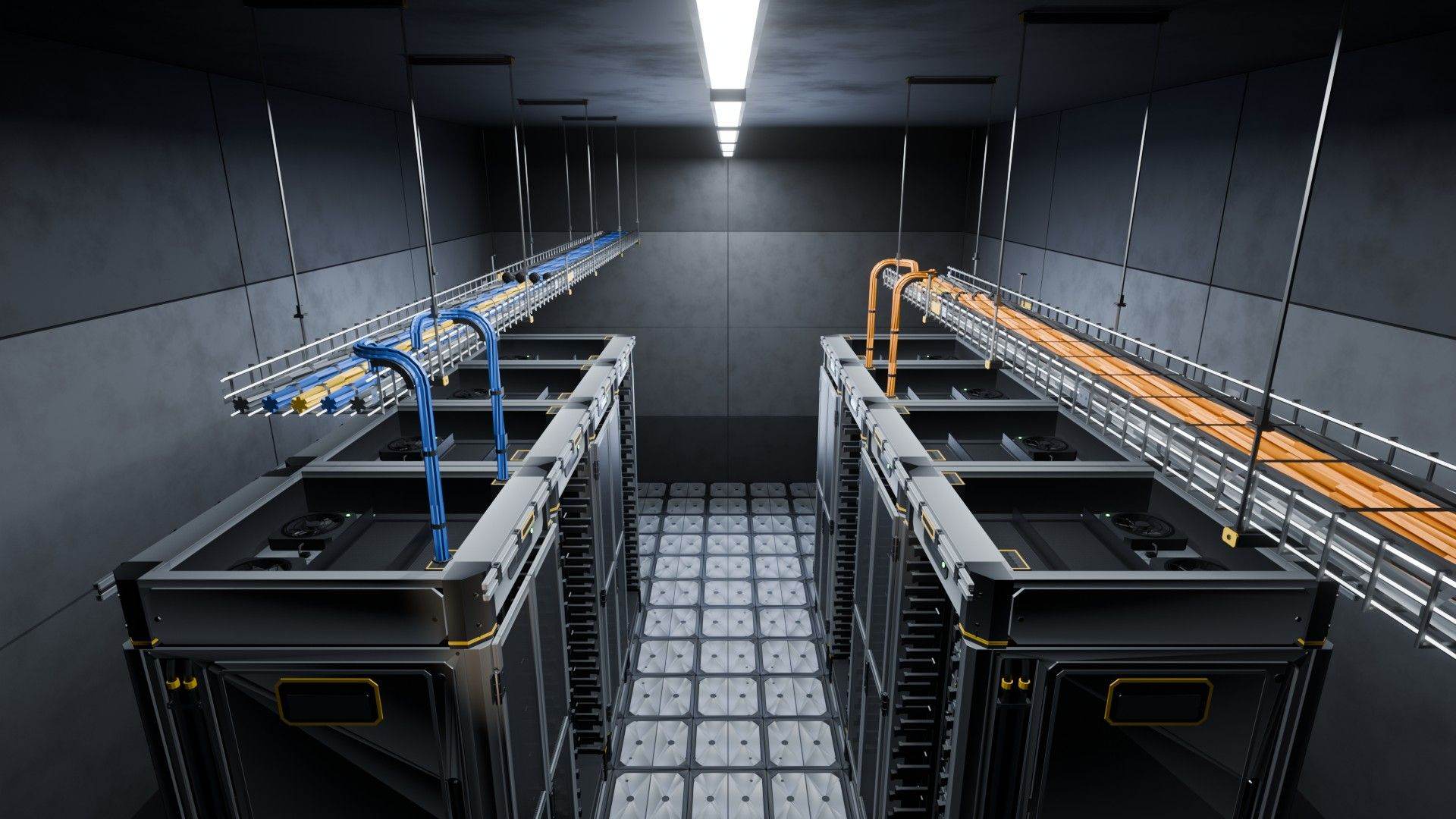 Two overhead cable tray runs above facing rack rows, one with blue cables and one with orange, each stepping down and dropping into a rack.
