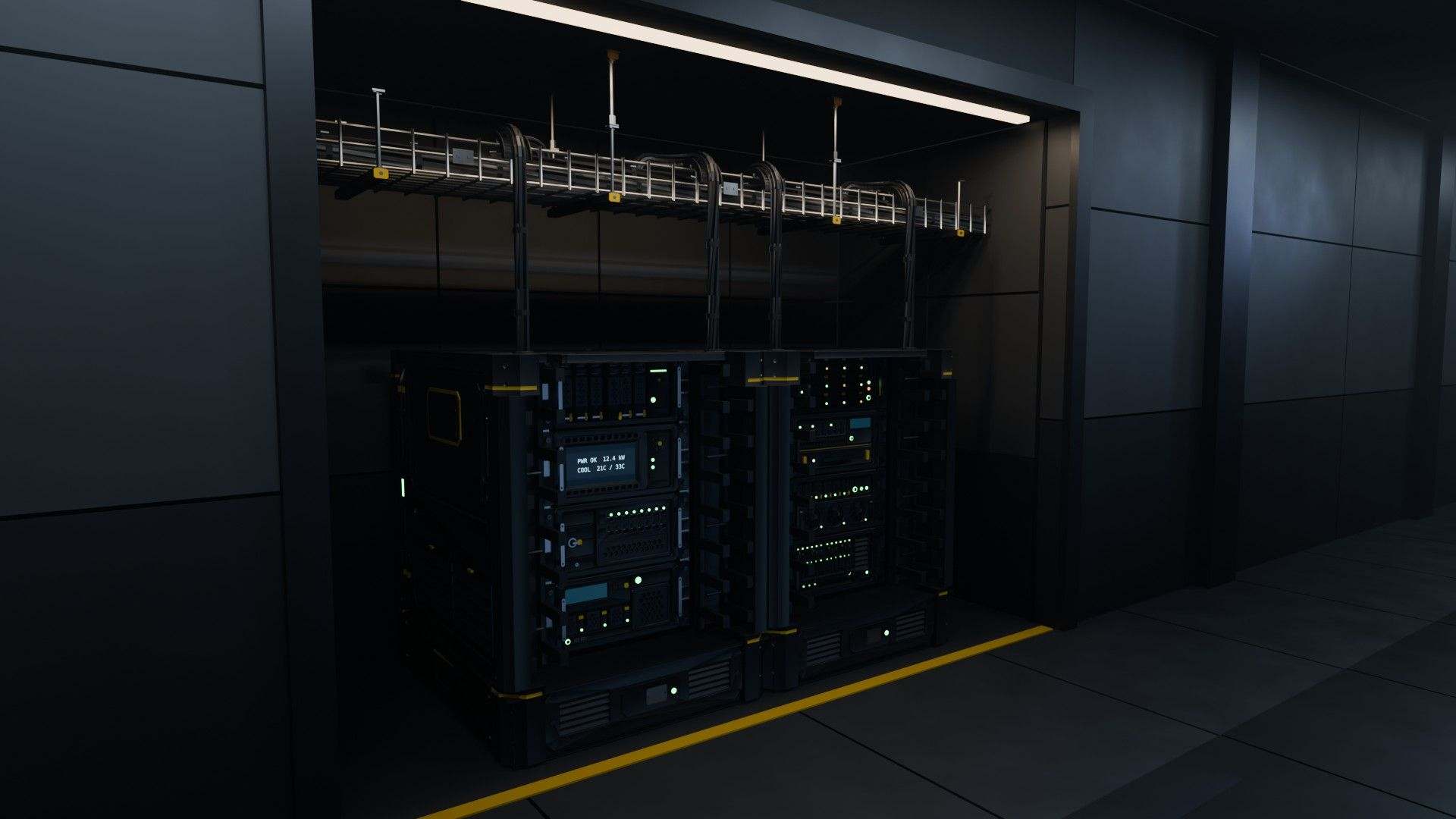 Two half-height server racks with lit servers in an alcove off a ship corridor, a cable tray dropping into them from above.