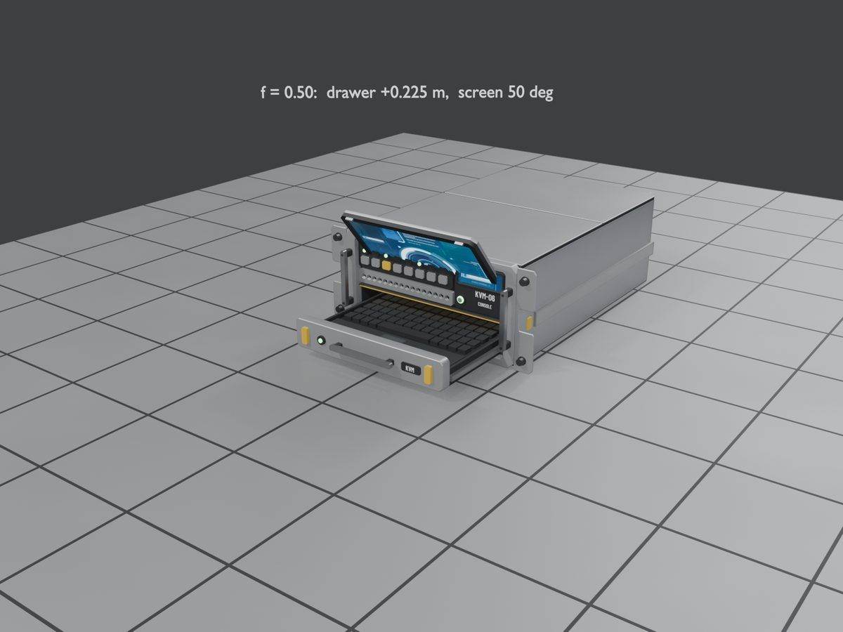 KVM server with its keyboard drawer pulled out and screen raised