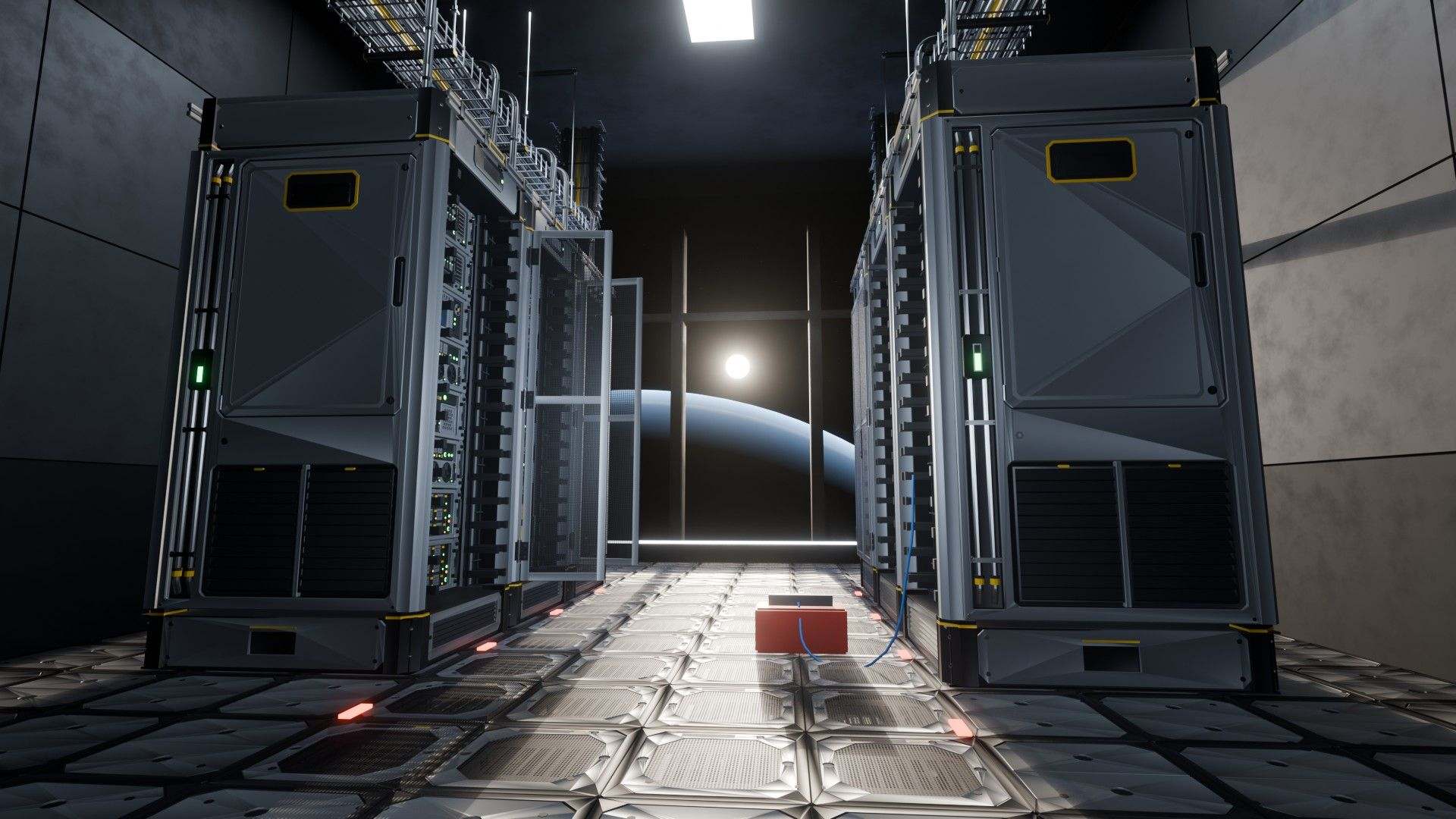 A station server deck with two rows of lit server racks, an observation window at the far end showing a planet's edge at sunrise.