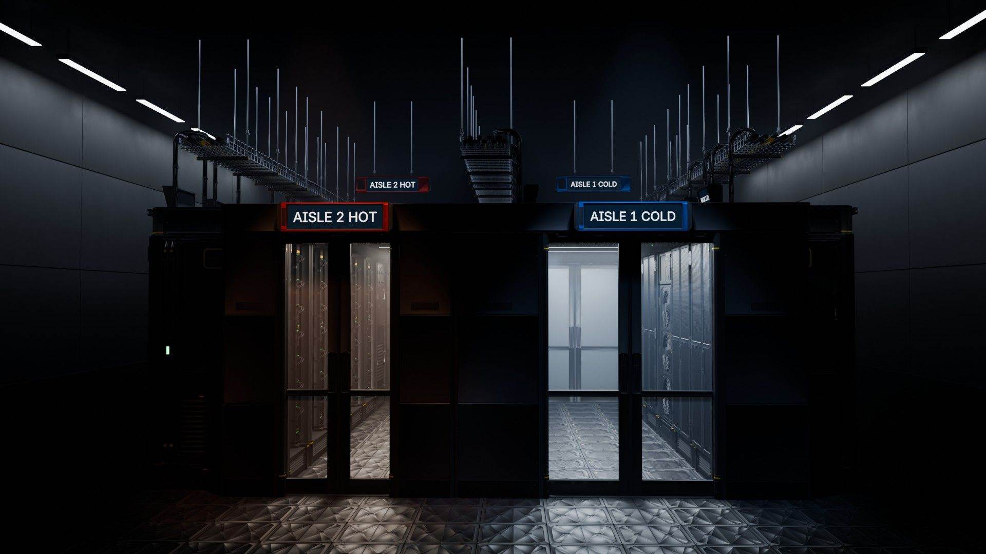 A contained row of server racks behind sliding aisle doors marked Aisle 2 Hot in red and Aisle 1 Cold in blue.