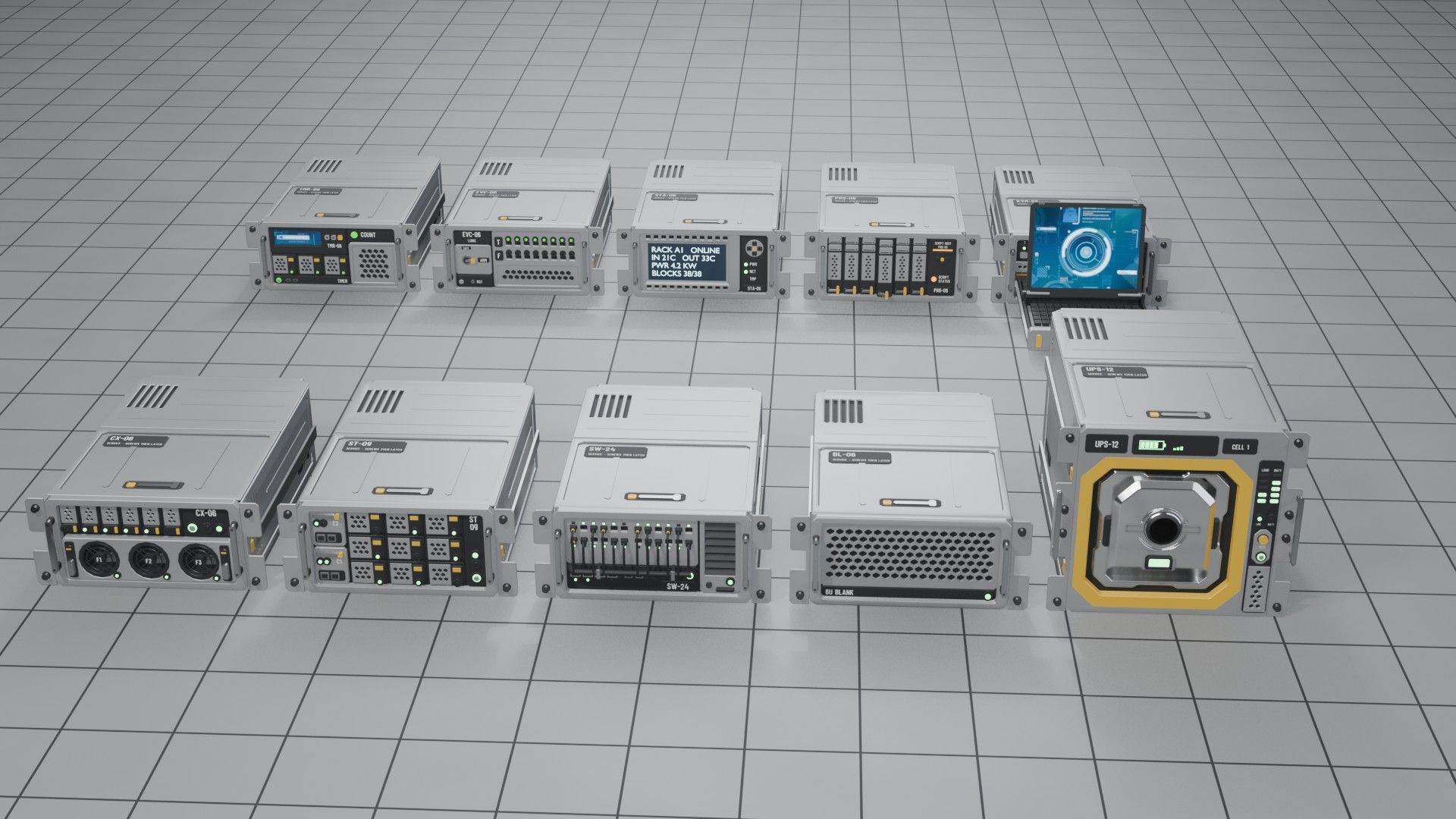 Ten server blocks lined up in two rows on a gray floor.