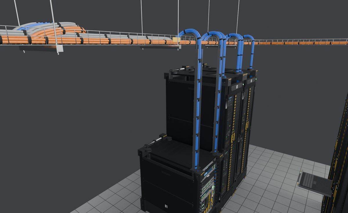 Mockup of trays over two rack rows with a reducer and a long drop to a half rack