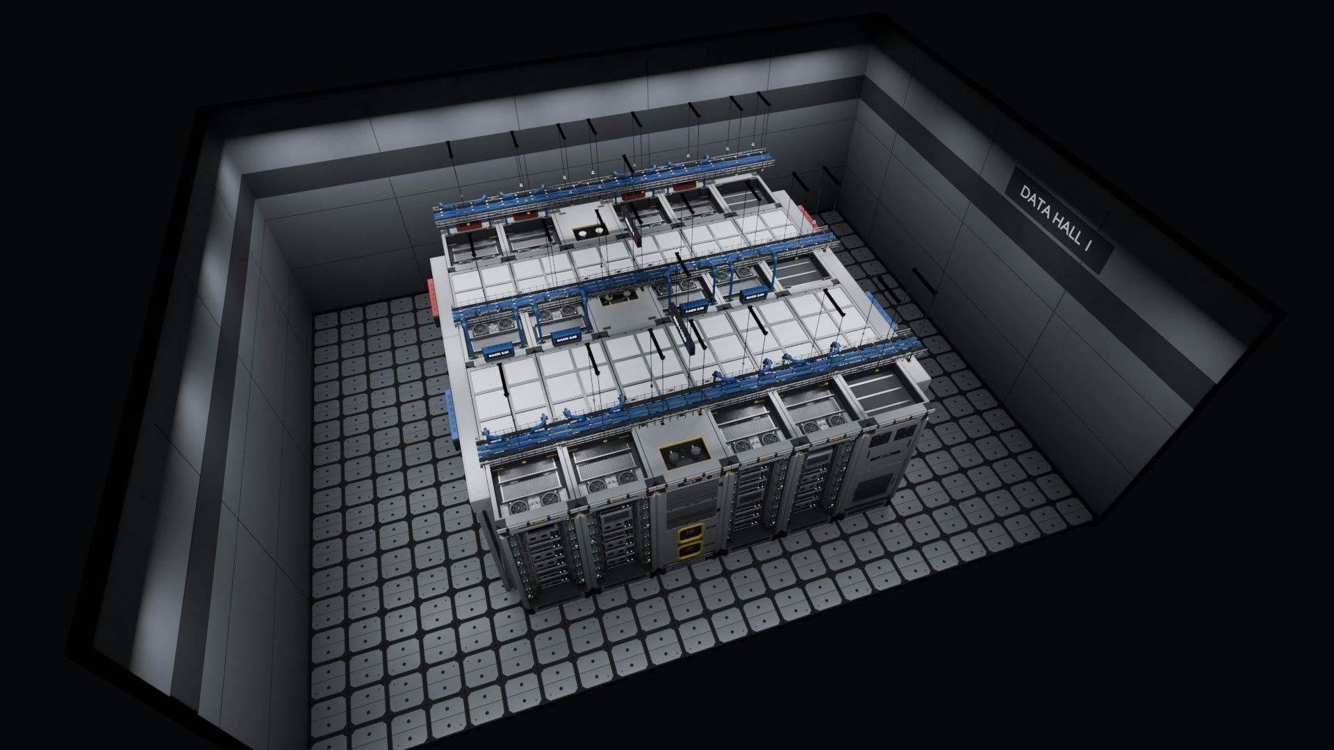 Overhead view of a server hall built from Data Center blocks: rows of racks, aisle roofs, coolers and cable trays.