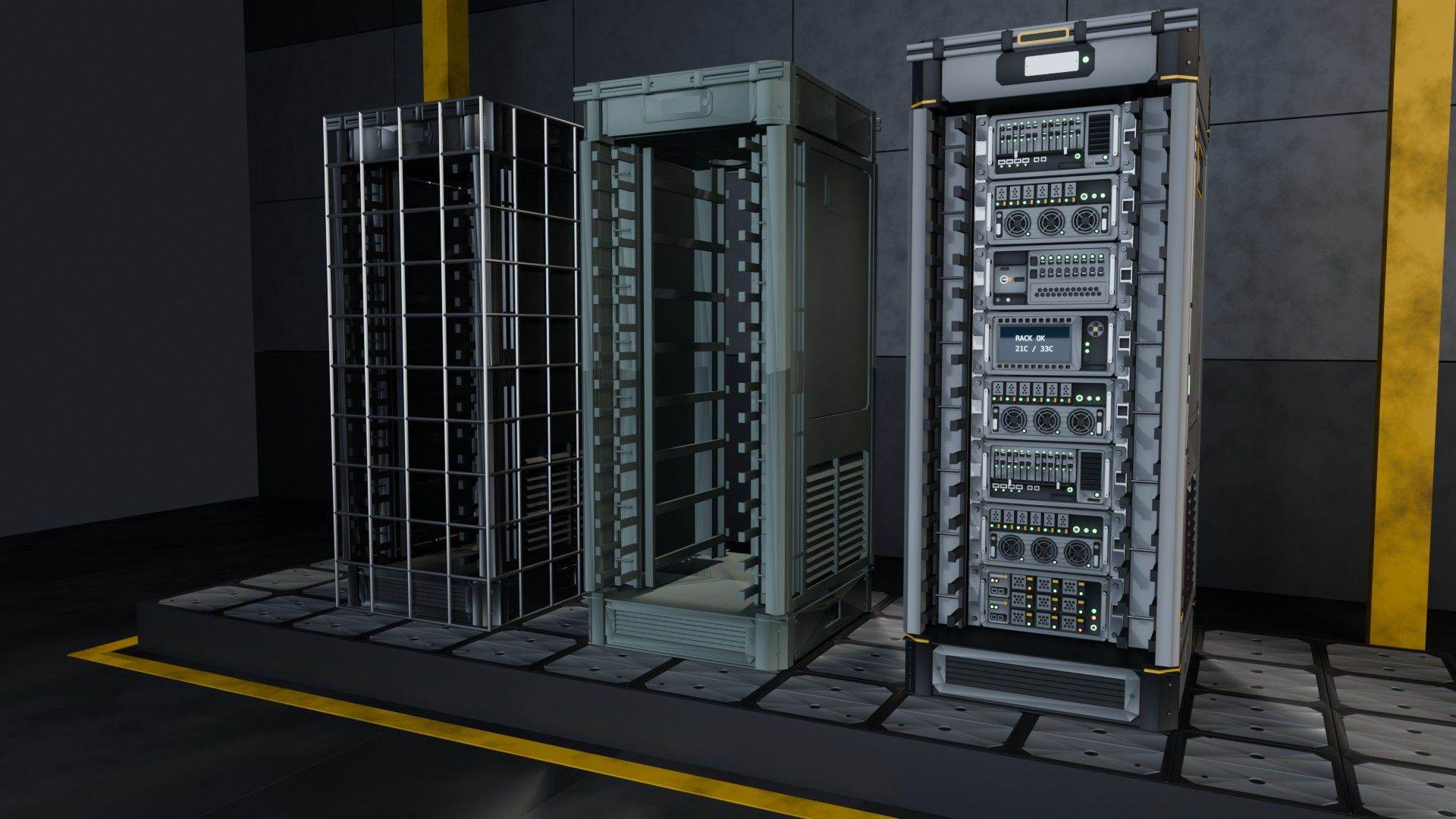 Three server racks in an assembly bay showing build stages: a construction cage, a bare frame, and a finished loaded rack.
