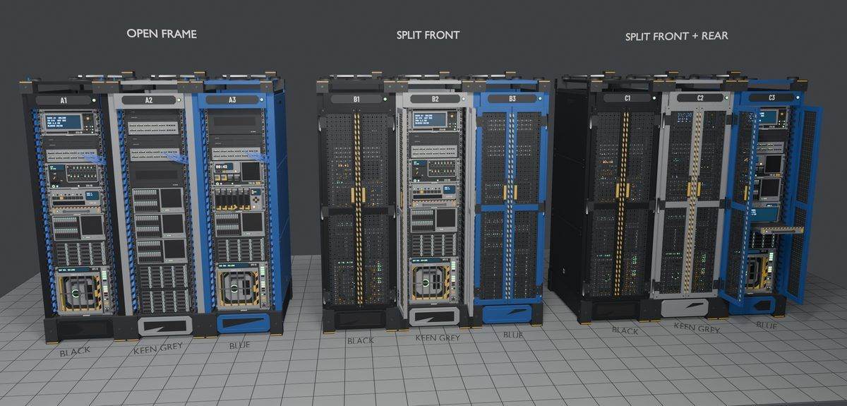 Racks in black, grey and blue paint with three door styles lined up in a row