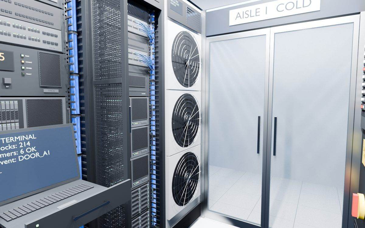Early mockup of a glass-enclosed aisle beside a cooling unit and a KVM terminal
