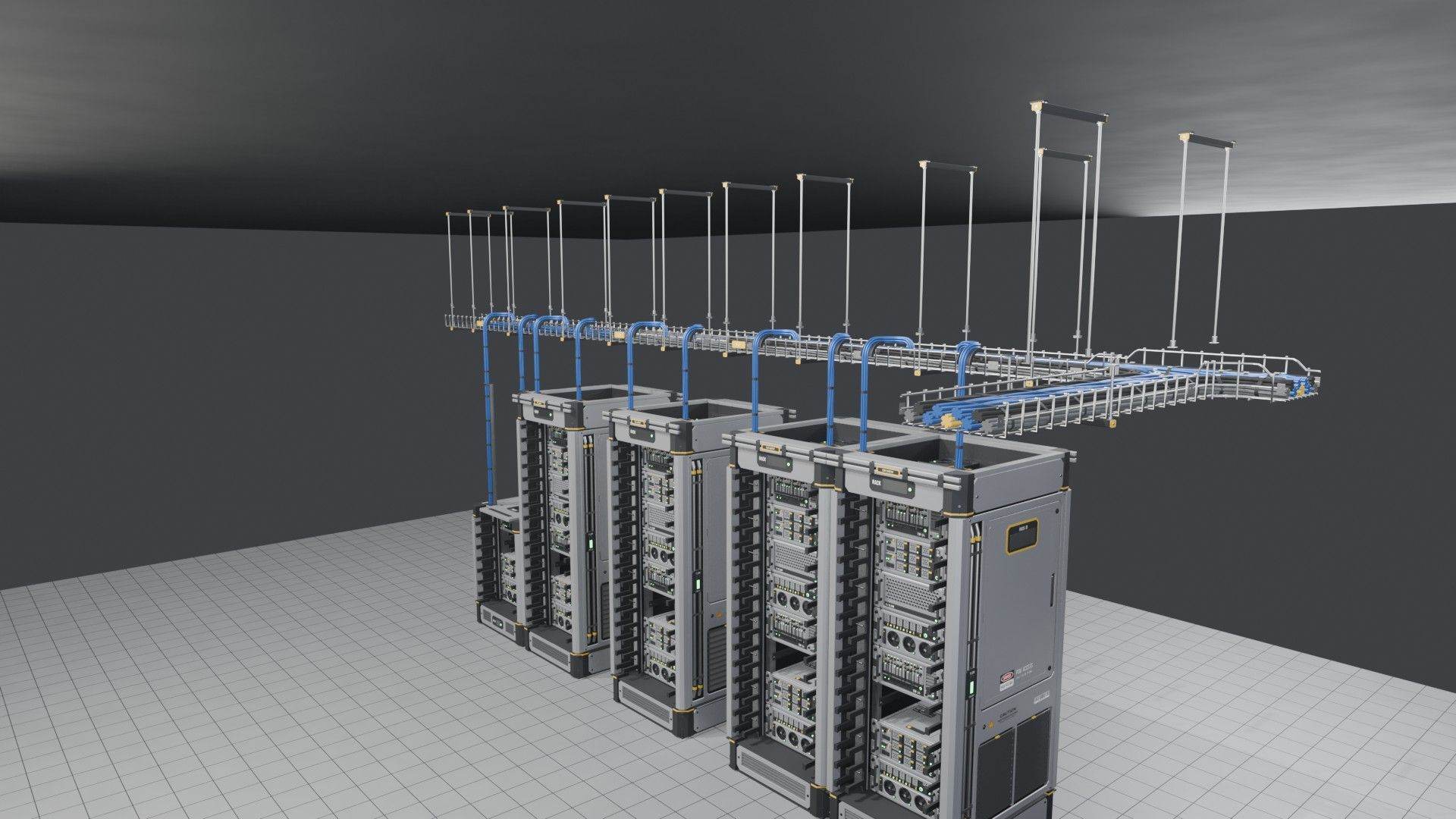 Wire-basket cable trays hanging from rods above a row of racks, with cables dropping into the racks.