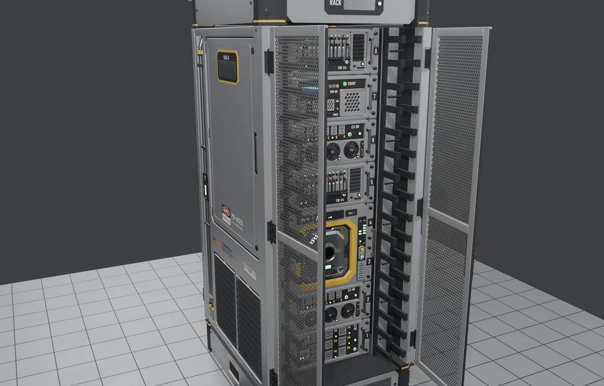 42U rack with a containment rail, vertical power strips and a placard