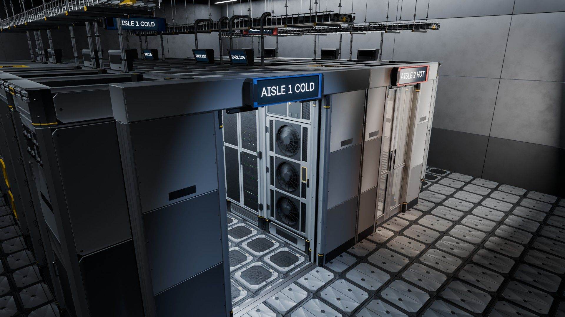 A contained server room from above, with an Aisle 1 Cold sign framed in blue, an Aisle 2 Hot sign framed in red, and an open door onto an in-row cooler.