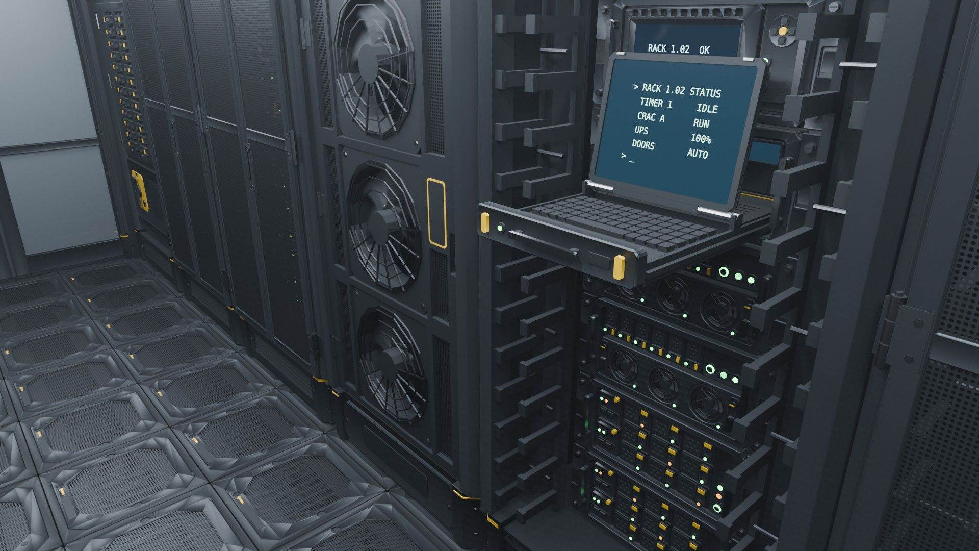 Walking in: the aisle door opens, the KVM drawer slides out and the cooler's fans spin up.