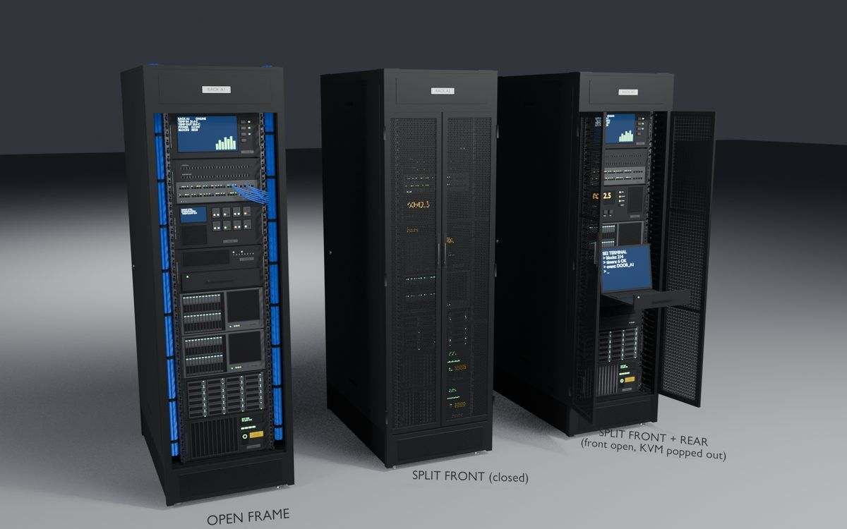 Three early rack mockups: open frame, front doors, and front and rear doors