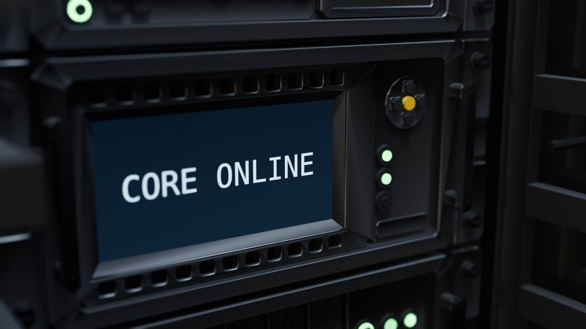 A status display server in a rack showing the words CORE ONLINE.