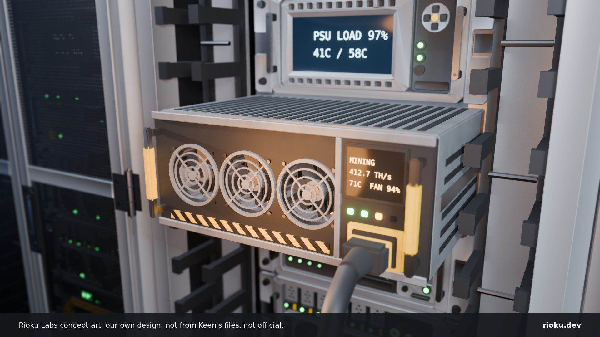 Concept art: a mining server pulled halfway out of a server rack, three fans glowing amber, its display reading MINING 412.7 TH/s, a thick power lead plugged in and the rack's display above reading PSU LOAD 97%.