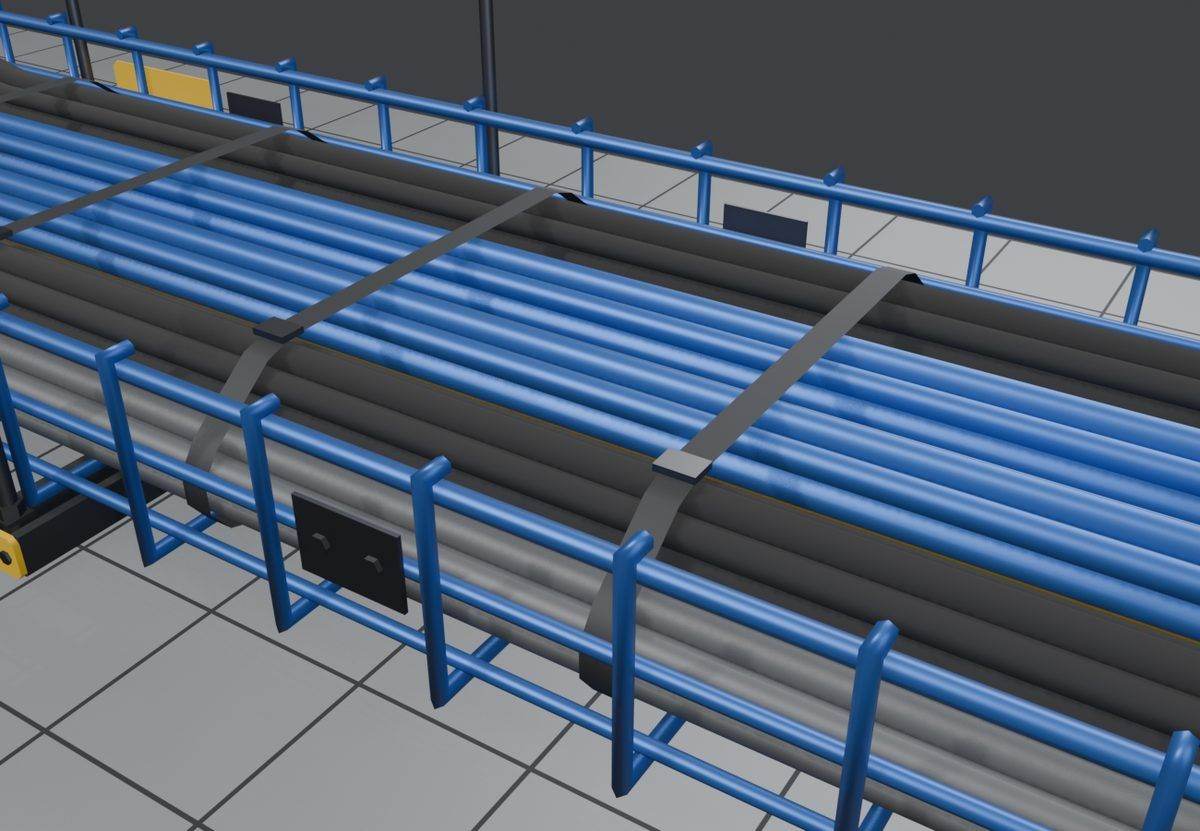 First 3D straight cable trays with strapped bundles in a wire basket