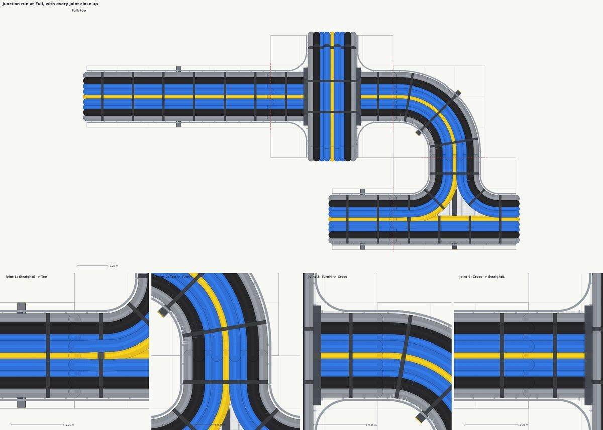 Plan drawings of cable bundles turning at a tee and crossing over