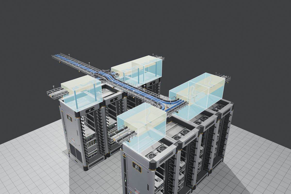 Grid of cable tray tees, crosses and a crossover saddle above a rack row