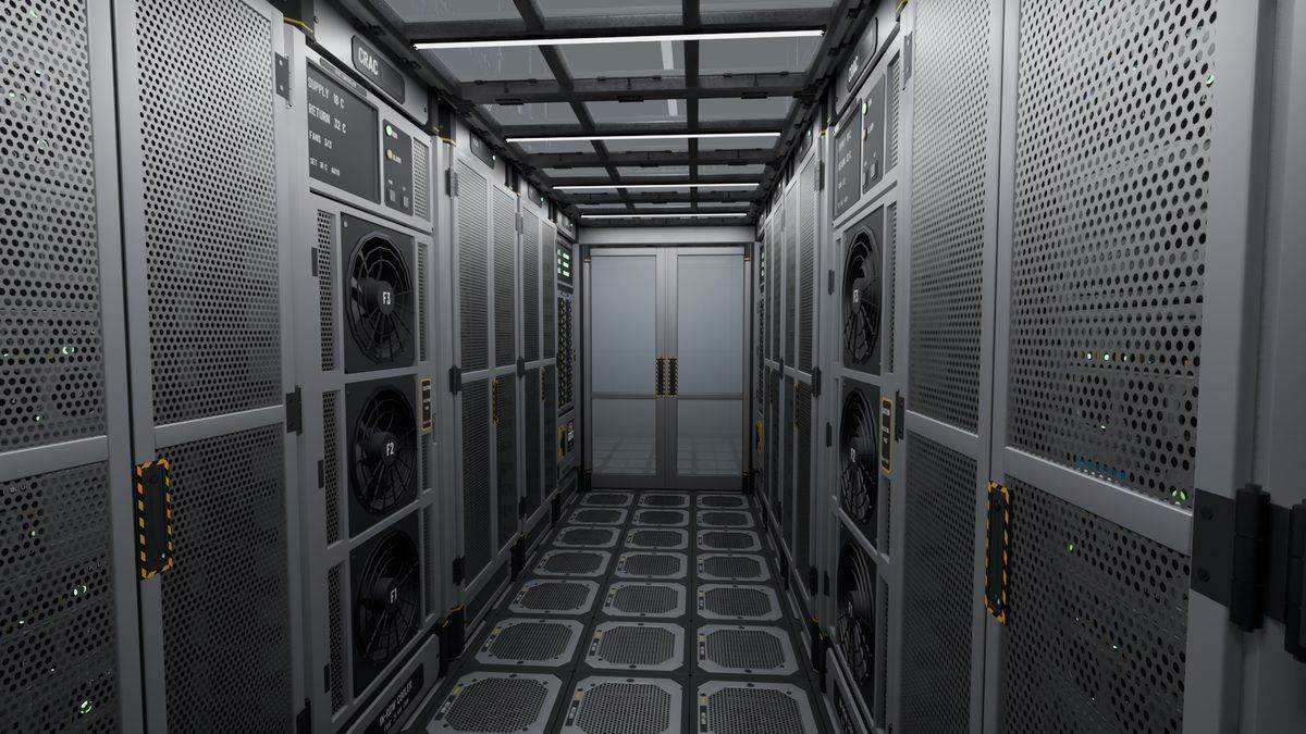 Cold aisle in the finished data center hall with two enclosed aisles