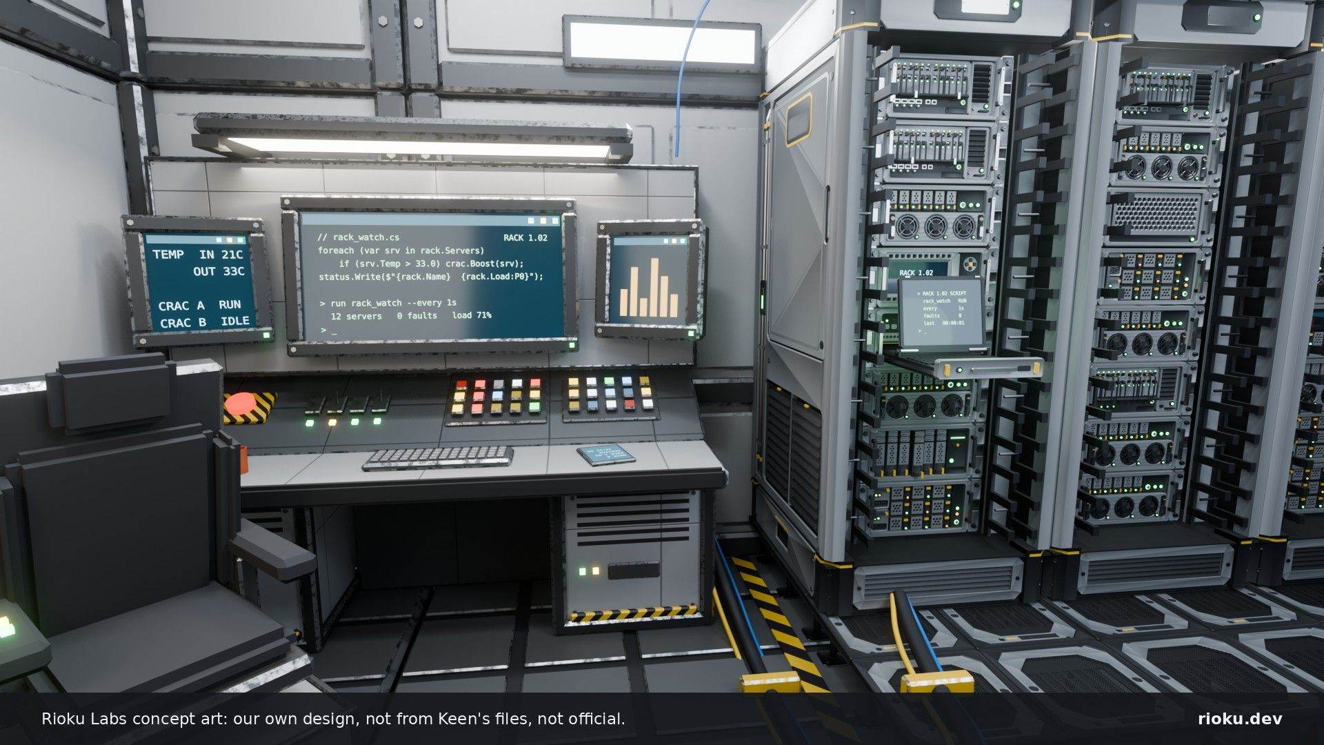 Concept art: a block-built operator console in a station interior, with a code screen, chunky button panels and a seat block, wired by a floor conduit into a row of server racks, one with its KVM console drawer open showing a script running.