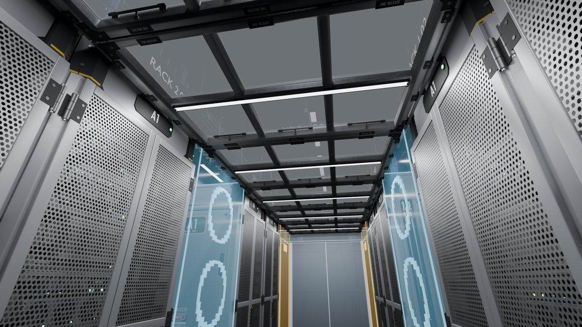 Frosted aisle roof panels with LED light strips above rack rows