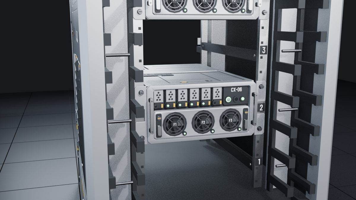 Servers seated on the rails inside the 42U rack