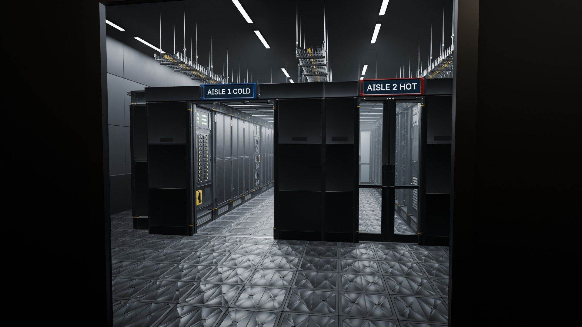 A large server room seen through a doorway, with signed hot and cold aisles and cable trays overhead.