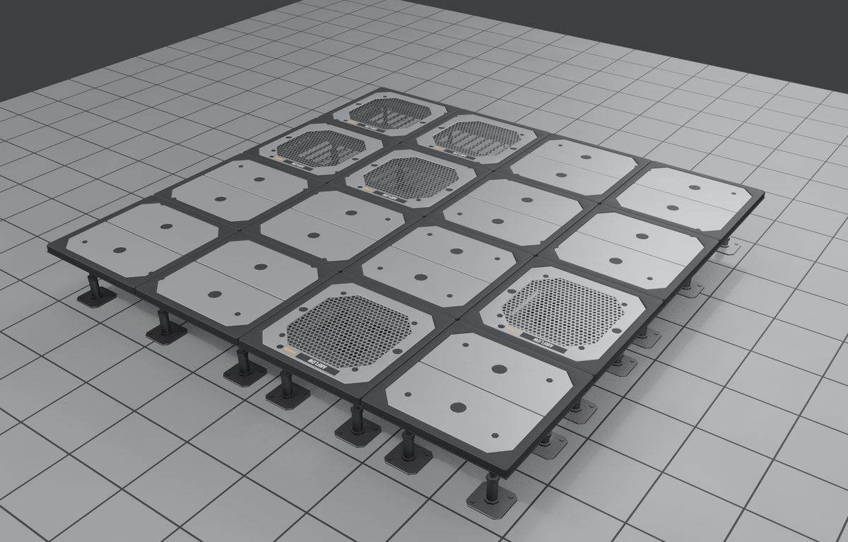 Solid and perforated raised floor tiles on pedestals
