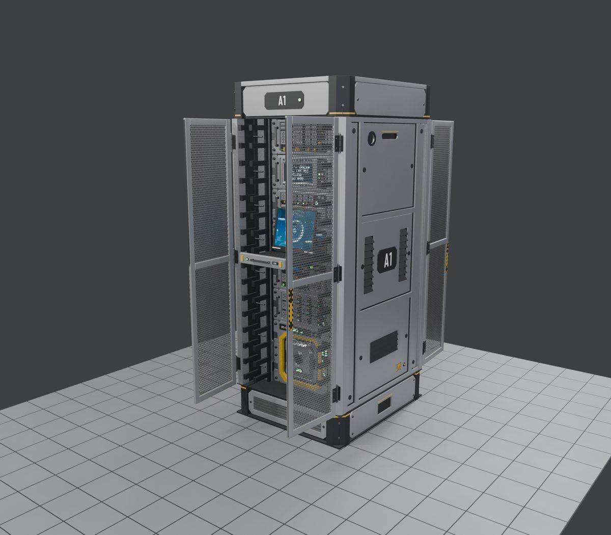 42U racks with hinged perforated front and rear doors