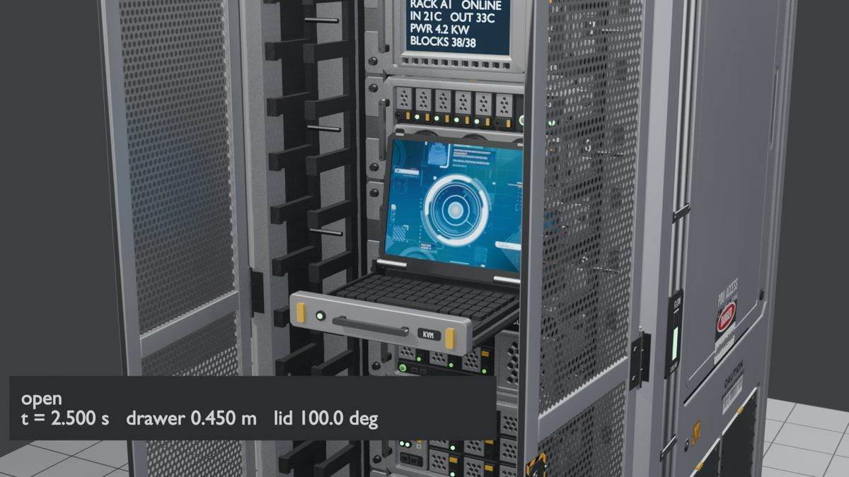 KVM fully open with the drawer extended and the screen lifted to 100 degrees