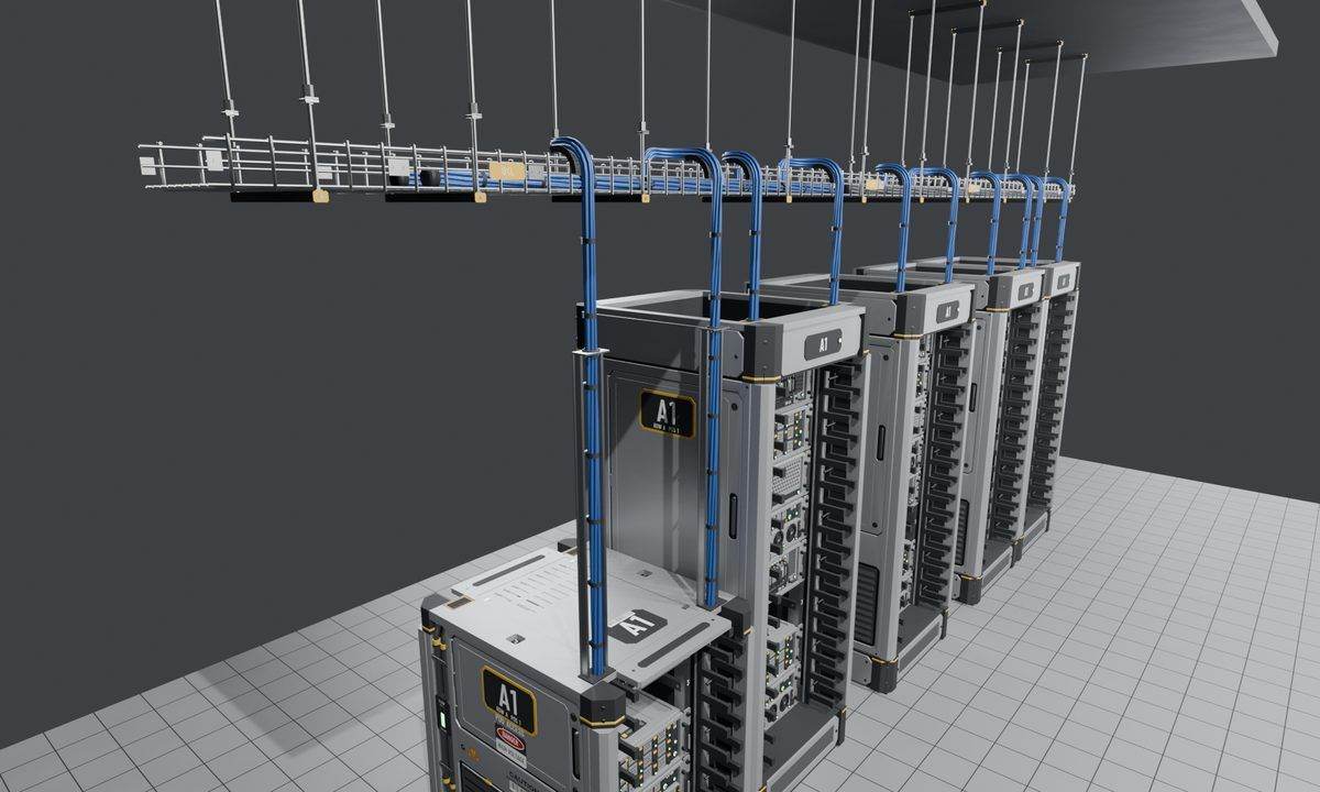 Finished overhead tray run with cable drops into a row of racks