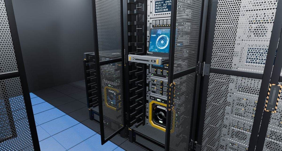 Racks with open doors, a pulled-out KVM and a lit UPS on a stand-in floor