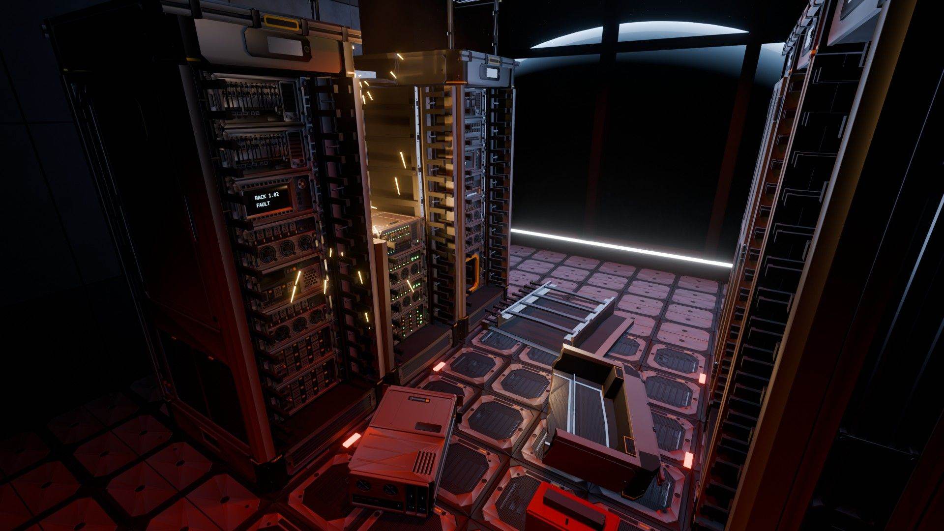 A damaged server rack under red emergency lighting, sparking, with broken-off sections lying on the floor.