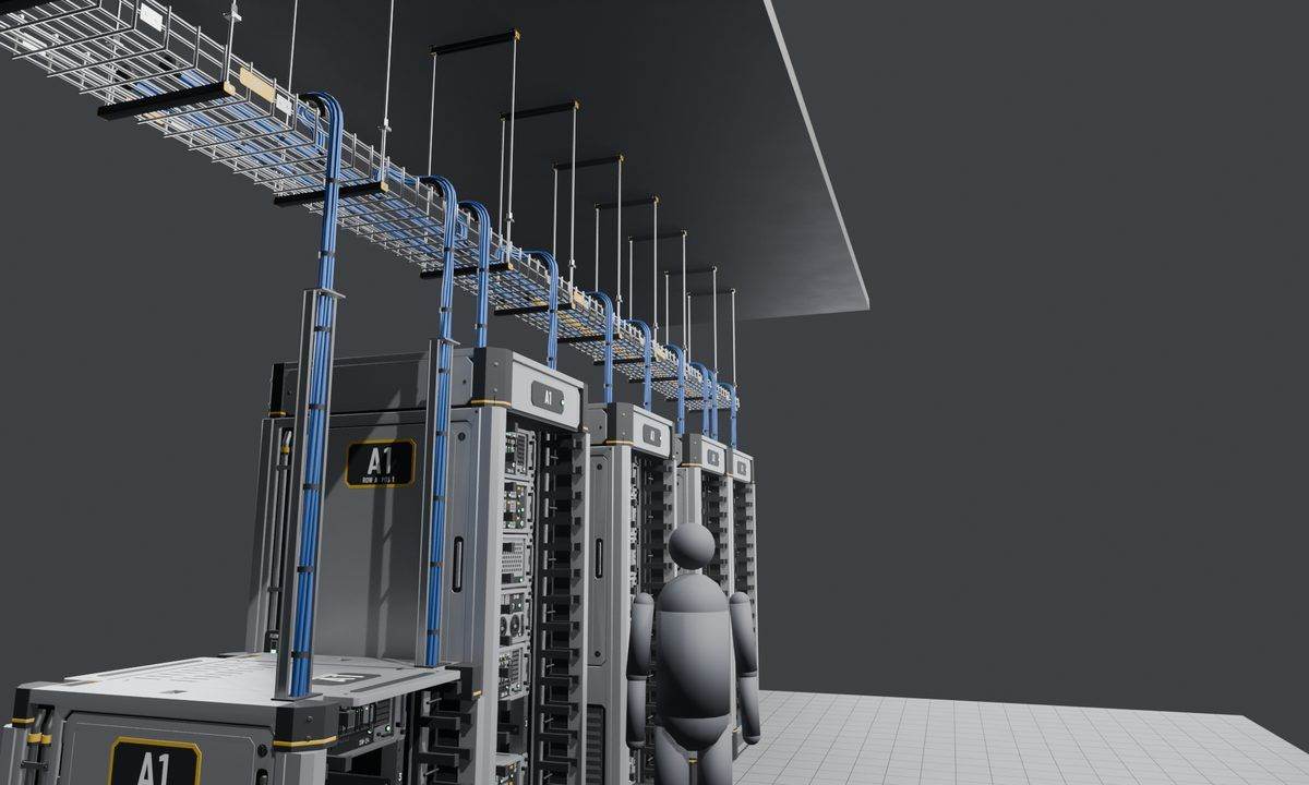 Cable tray runs and drops above a rack aisle