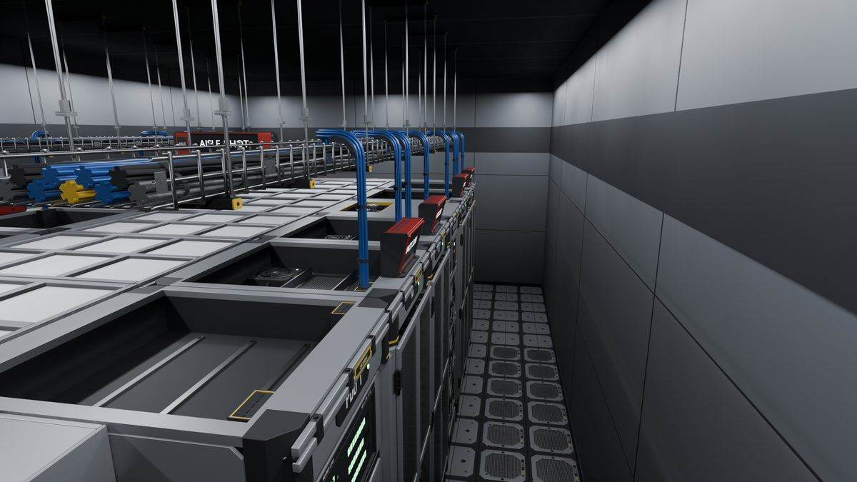 Overhead view of cable trays, drops and racks in a room